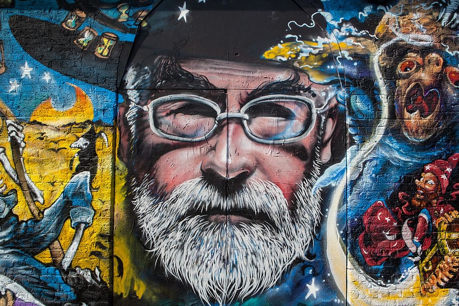 mural seni jalanan, menggambarkan, terlambat, penulis bahasa Inggris, seni jalanan, mural, Terry Pratchett, Inggris, penulis, perkotaan