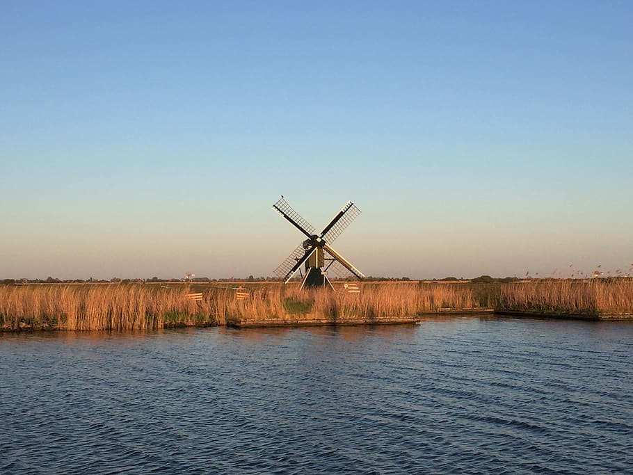waters, nature, windmill, landscape, sky, ijsselmeer, twilight, renewable energy, fuel and power generation, water