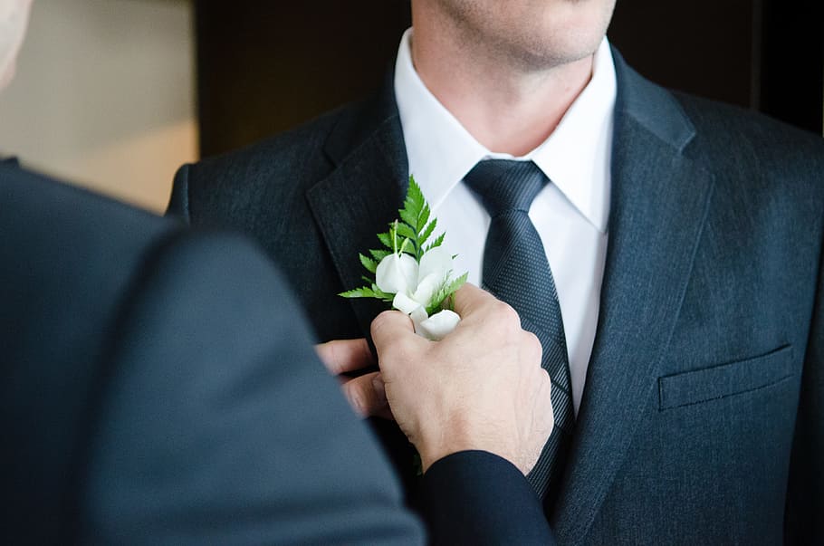 man, wearing, black, suit jacket, wedding, marriage, buttonhole, formal, tie, suit