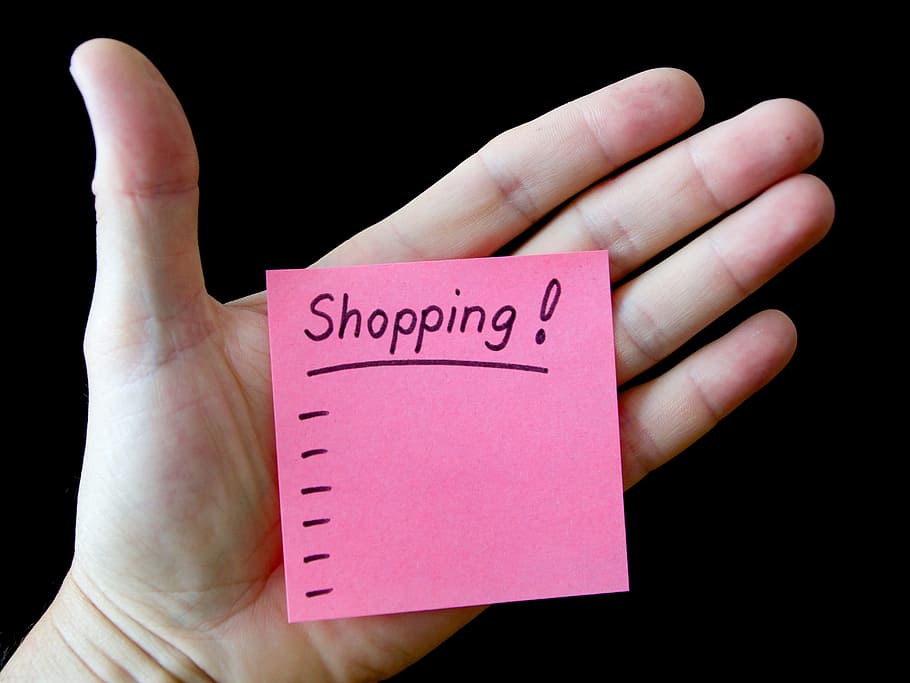 shopping, sticky, note, person, palm, hand, list, embassy, message, purchasing