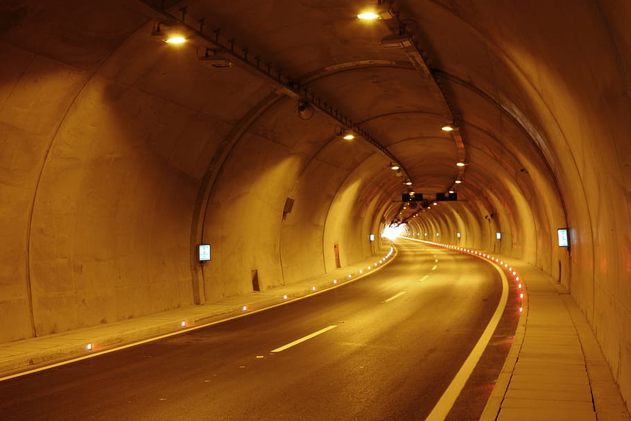 gray tunnel roadway, tunnel, car, music, ribbon, travel, road, asphalt, highway, city ​​center