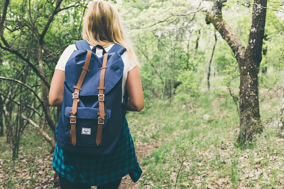 woman, walking, inside, forest, backpack, bag, beautiful, facing away, female, girl