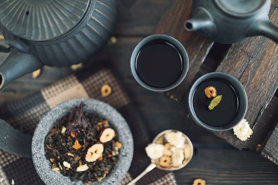 black, granite spice tea, teapot, food, coffee, tea, pot, kitchen, table, cereal
