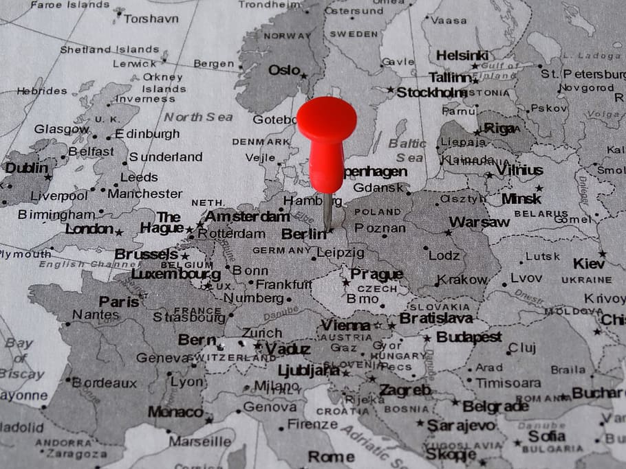 political map, Atlas, Map, Berlin, Pin, Meeting Point, destination, capital, red, full frame