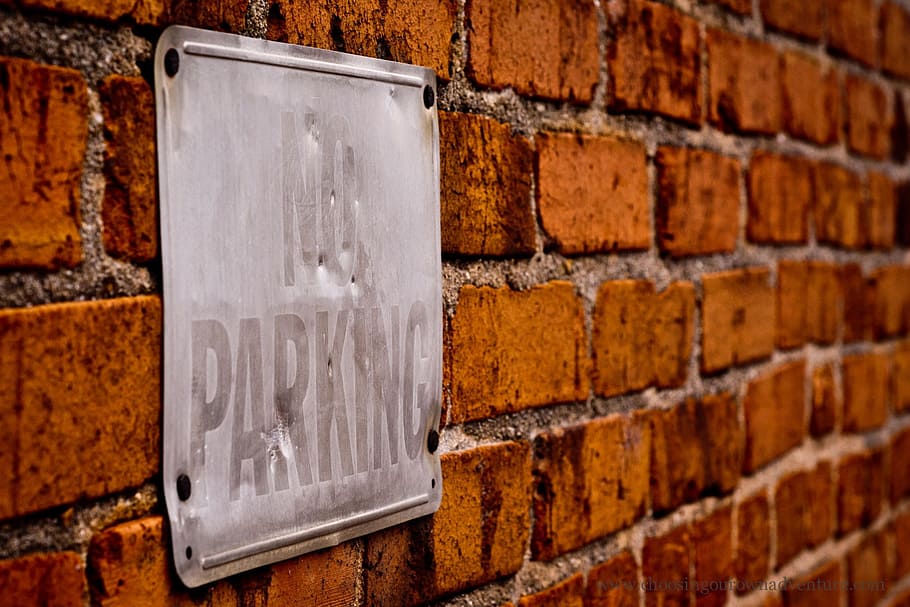 No Parking, Sign, Brick, Building, parking, symbol, warning, street, forbidden, urban