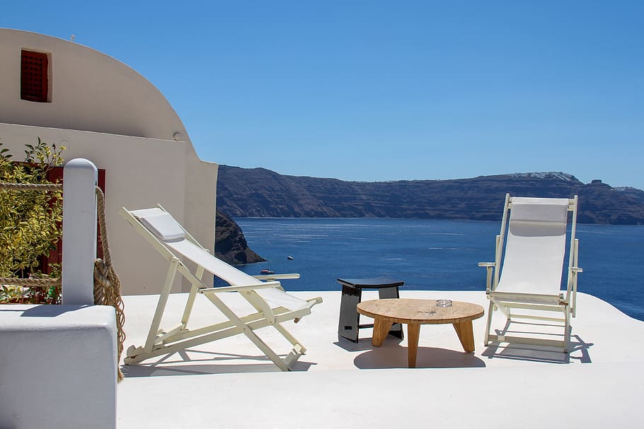 oia, santorini, greece, travel, blue, summer, white, deck chair, chair, clear sky