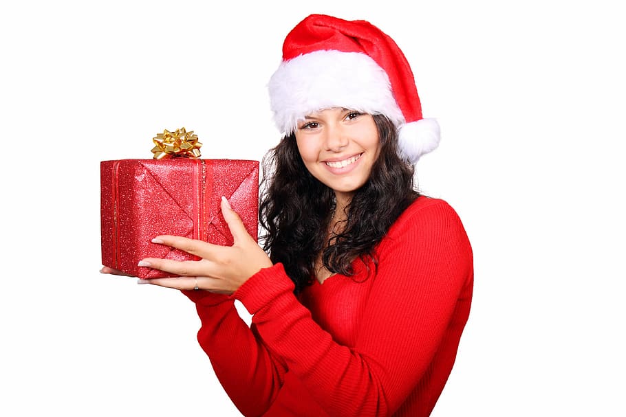 女性, サンタのスーツ, 保持, 赤, ボックス, クリスマス, クロース, かわいい, ギフト, 女の子