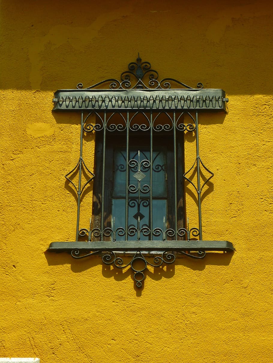 wrought, iron window grille, window, grating, forging, iron, postigo, facade, shadow, yellow