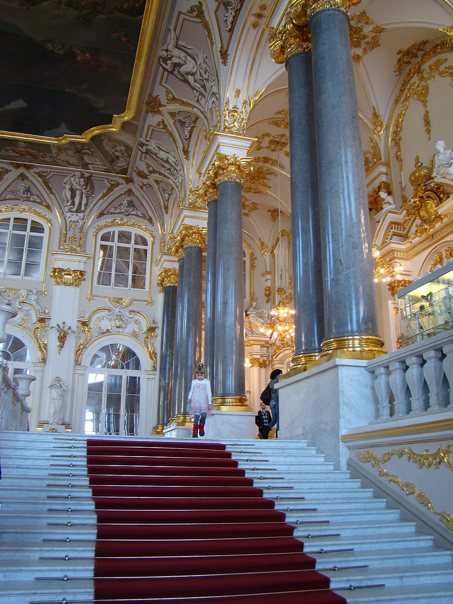 menina, em pé, vermelho, branco, escadas, interior, construção, eremitério, Palácio de inverno, Petersburgo