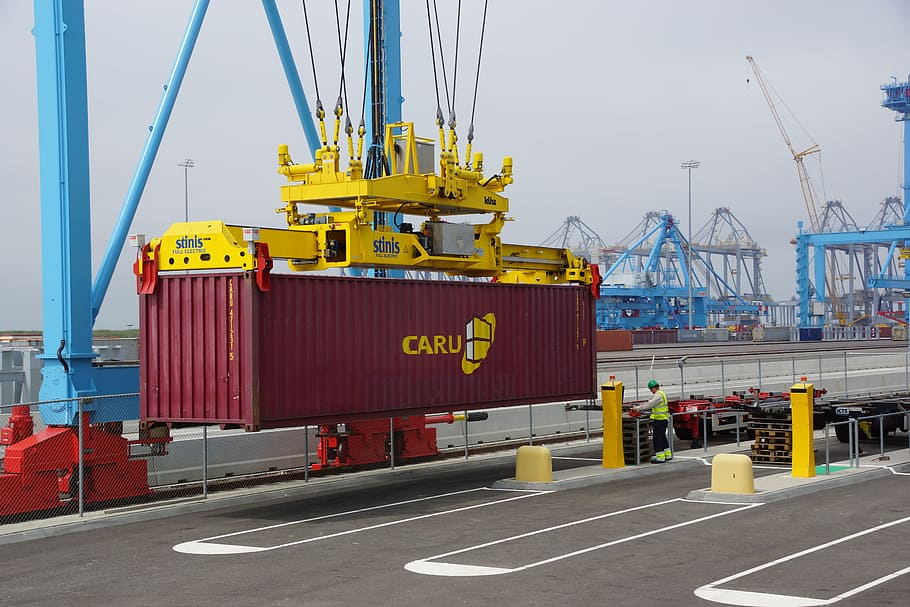 yellow, machine, lifting, red, cargo crate, shipping, deck, container, faucet, port