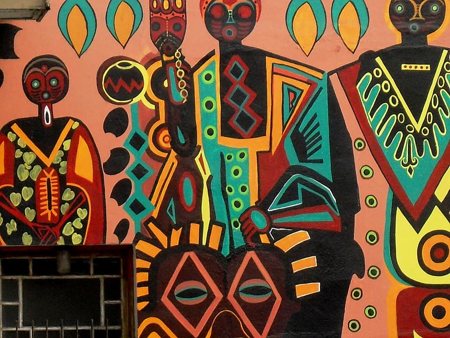 tribal graffiti, mural, colorful, decoration, street art, painting, art, images, figures, green