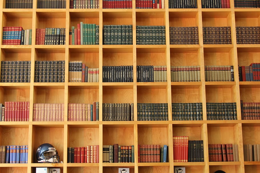 libros, casco de fútbol americano, marrón, madera, estante cubículo, biblioteca, conocimiento, librería, estantería, estante