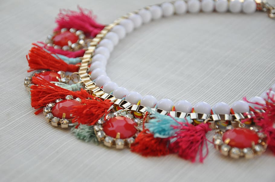 focus photography, beaded, red, gold-colored necklace, jewelry, necklace, beads, fashion, accessories, accessory
