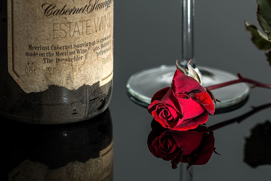 rojo, rosa, foto de la botella de vino, vino, romántico, botella, bebida, vidrio, vintage, rosa roja