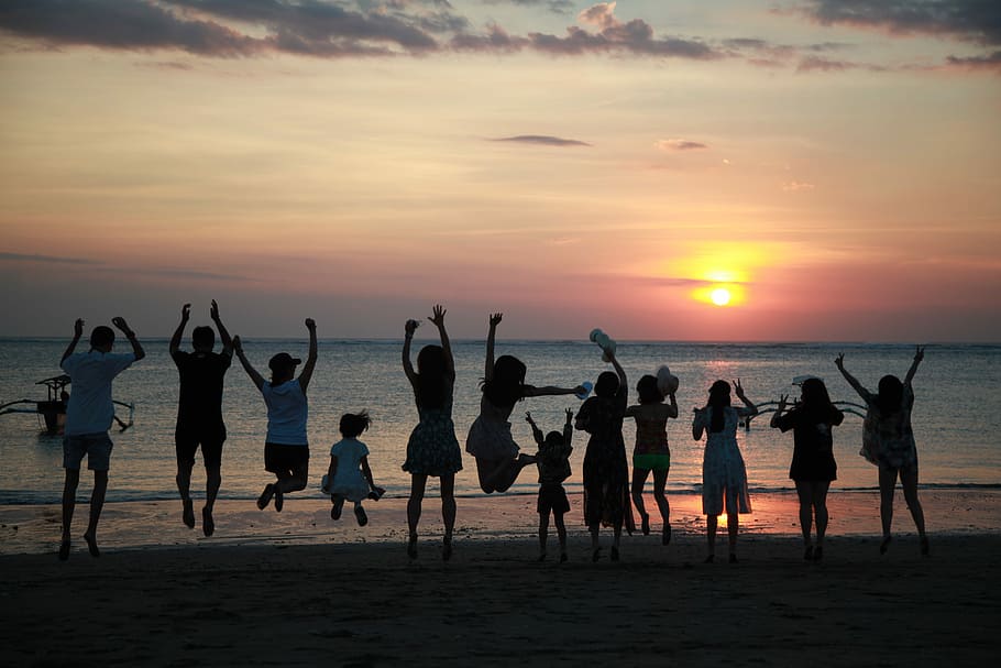 people, jumping, together, beach, golden, hour, Bali, Sunset, Youth, silhouette