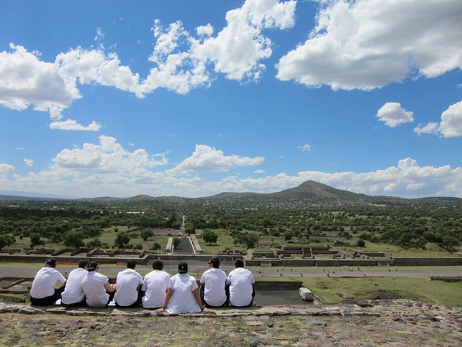 mexico, students, ruins, teotihuacan, blue sky, cloud - sky, group of people, sky, real people, rear view