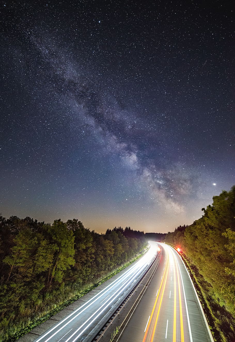 star, milky way, starry sky, night, highway, road, traffic, speed, astronomy, universe