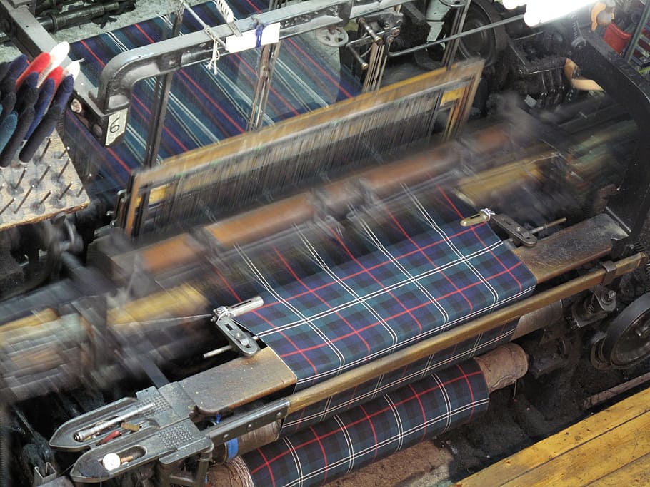 Tenun, Skotlandia, Tartan, Wol, kotak-kotak, tekstil, kain, pabrik, industri, peralatan manufaktur