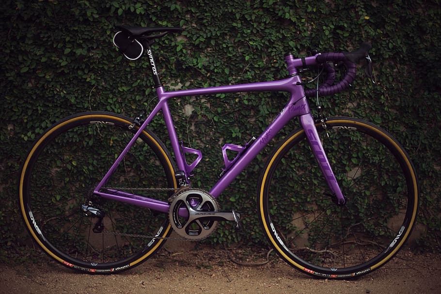 púrpura, bicicleta de carretera, inclinada, verde, pared, fijo, engranaje, bicicleta, en pie, al lado