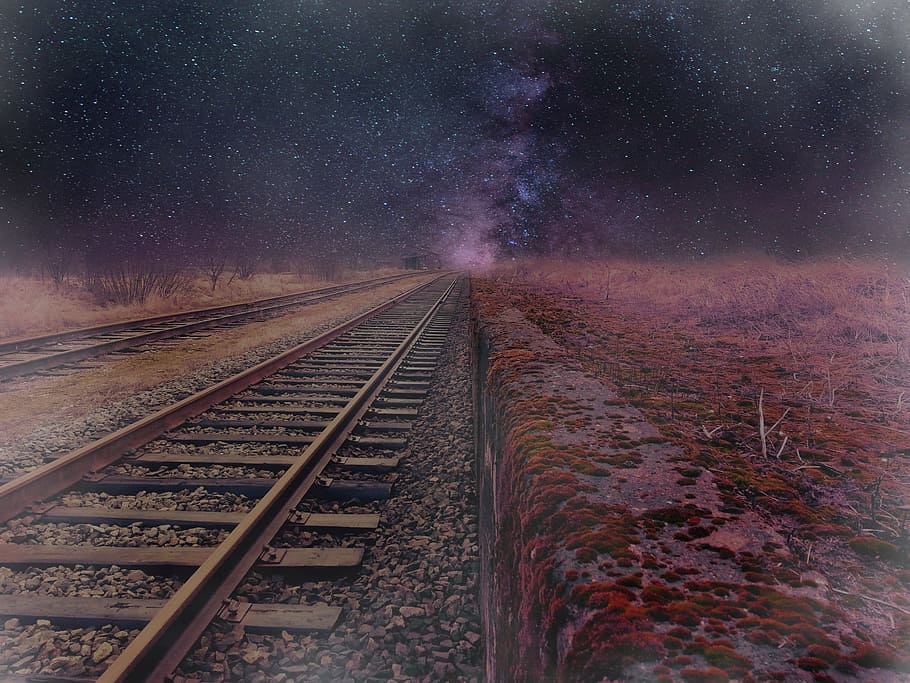 brown, metal train rail, cosmos, road, railway, fog, fantasy, planet, fabulous, the way