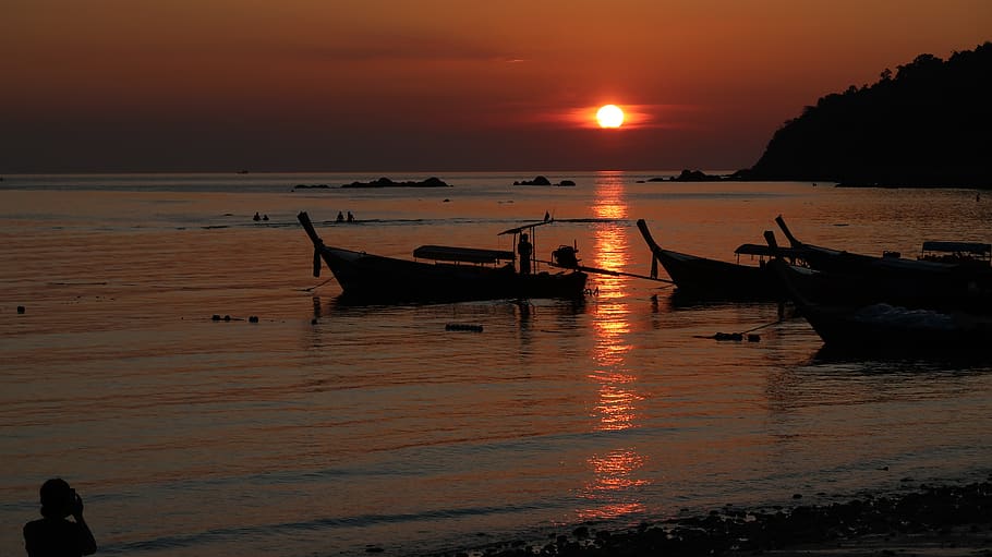 puesta de sol, tailandia, playa, isla, naturaleza, asia, agua, embarcación náutica, cielo, modo de transporte