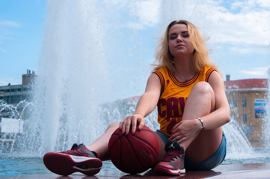 woman, lovely, water, people, summer, fountain, basketball, sports, girl, model