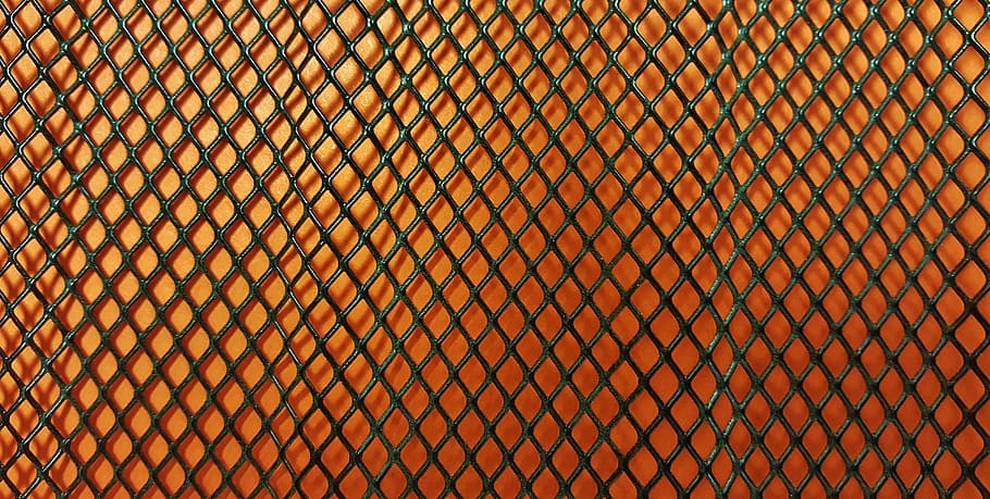 black, steel cyclone fence, mesh, pattern, background, texture, orange, diagonal, diamond shape, wallpaper