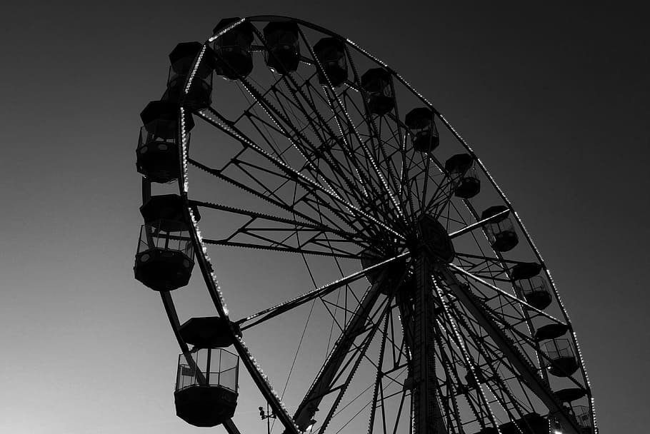 carousel, lunapark, entertainment, wheel, amusement park, the height of the, black and white, amusement park ride, ferris wheel, arts culture and entertainment