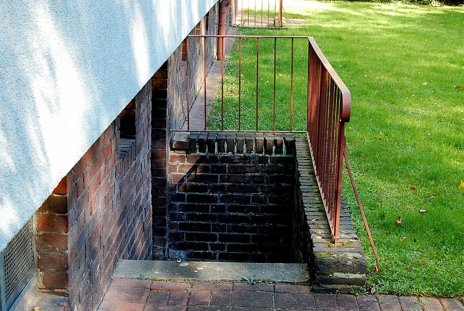 basement stairs, railing, stainless, meadow, bricks, coal mining settlement, architecture, built structure, day, building exterior