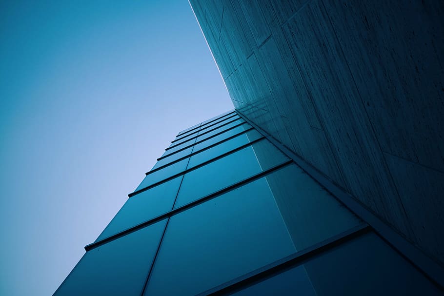 low, angle photo, curtain wall, daytime, angle, photography, curtain, wall, building, blue