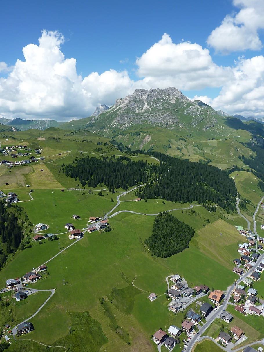 gray, mountain, clouds background, Lech Am Arlberg, Paragliding, Mountains, meadow, landscape, aerial view, view