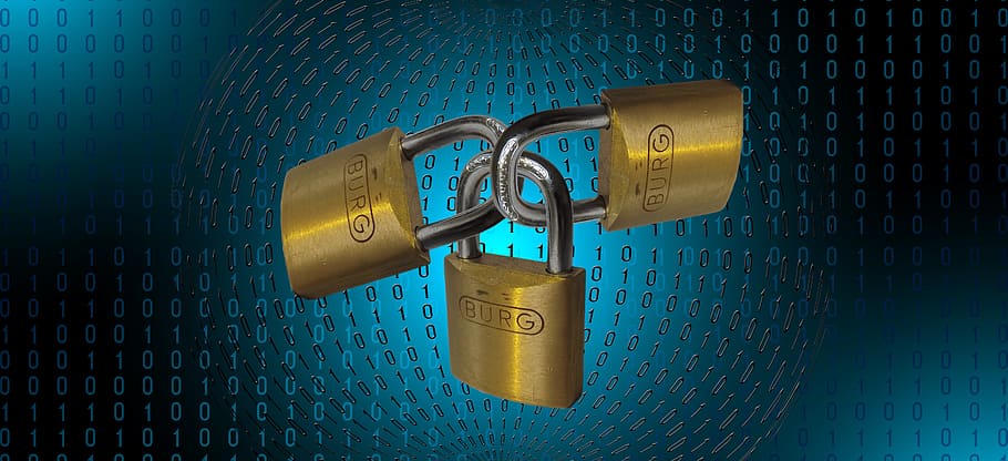 three, brass-colored burg padlocks artwork, padlock, matrix, binary, security, code, communication, software, pc