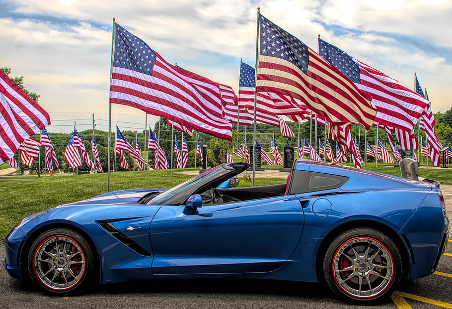 flags, car, corvette, automobile, symbol, american, celebration, patriot, patriotism, country