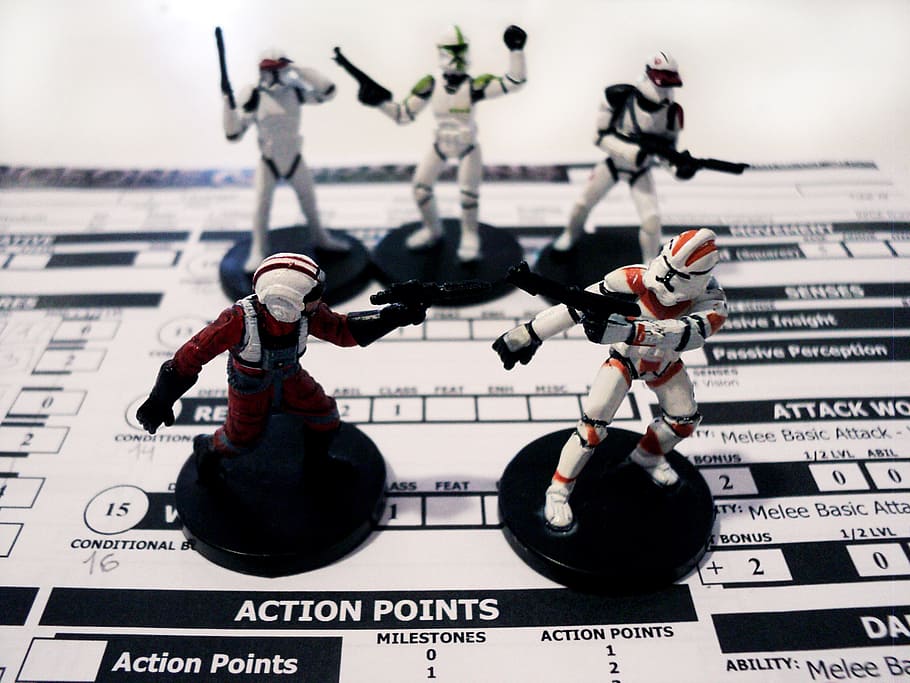 cinco, figuras de star wars, blanco, papel de impresora, rpg, juego, miniaturas, diversión, fantasía, multijugador