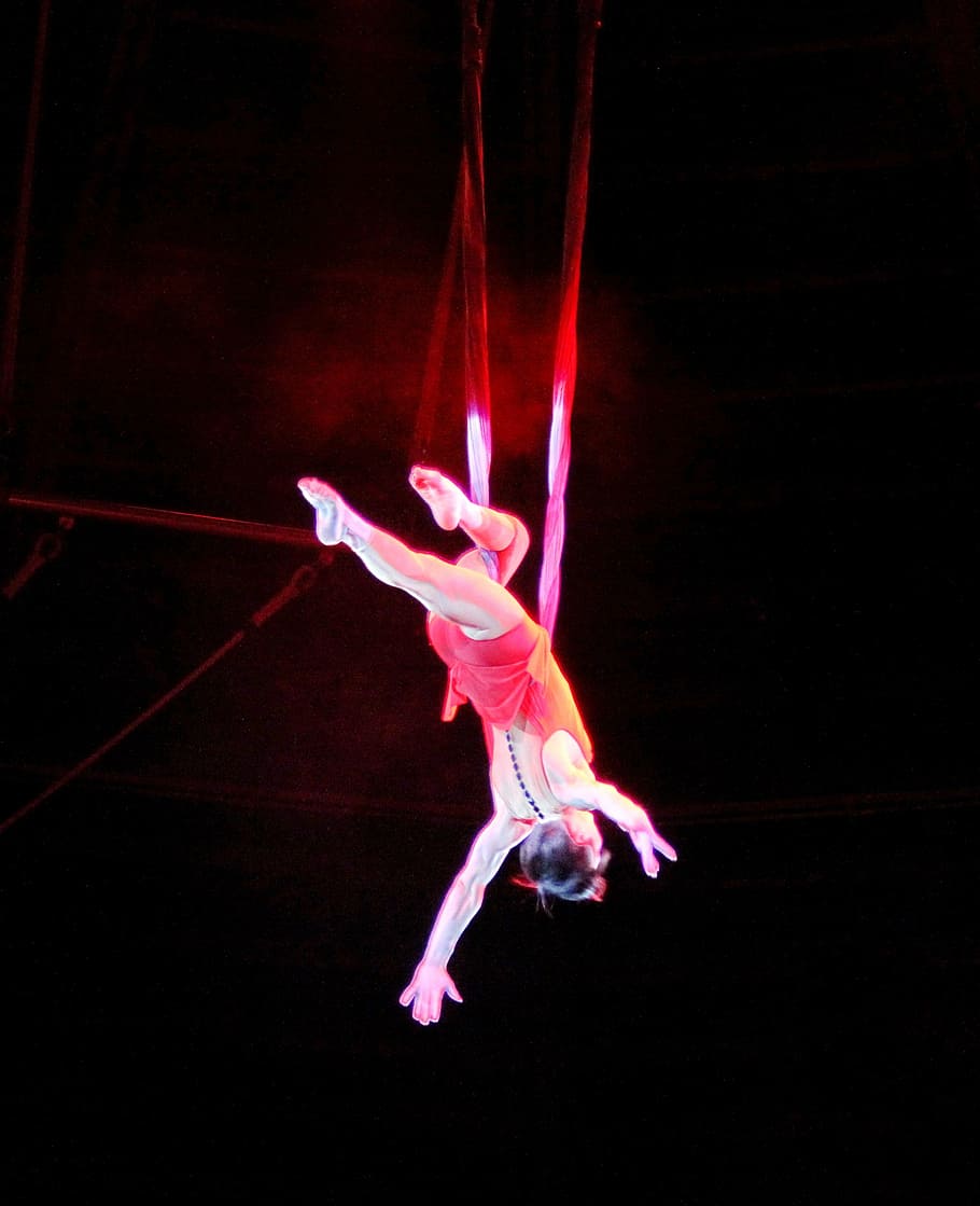 woman, performing, acrobatic, stunts, dimmed, room, circus, trapez, entertainment, performance