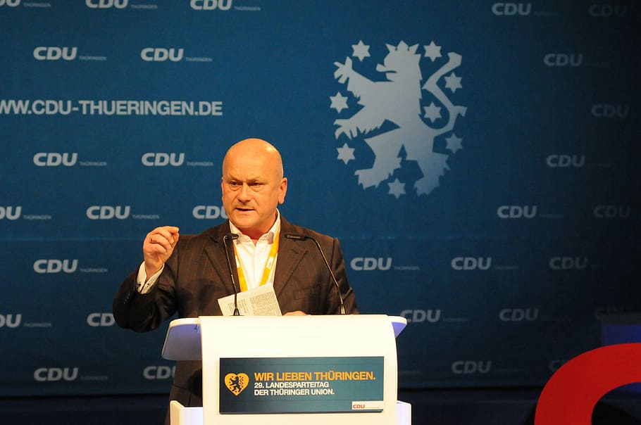 man, talking, stage, policy, bundestag, cdu, member of parliament, manfred grund speech, party convention, germany