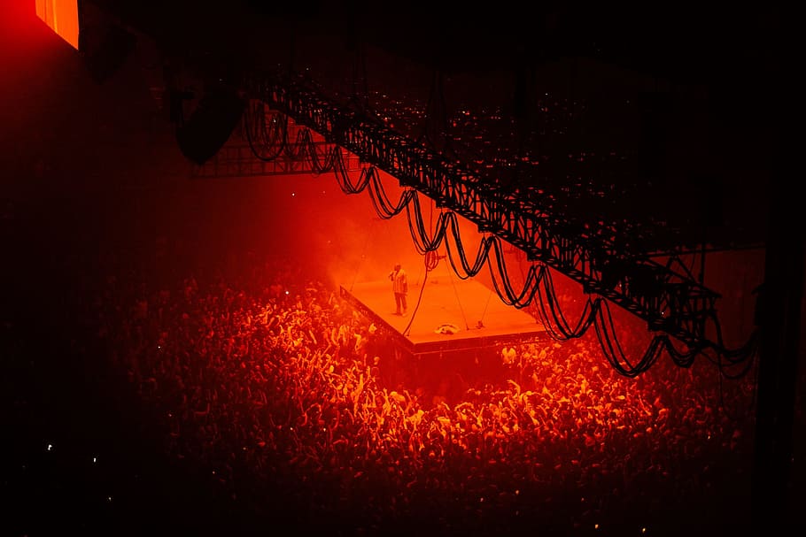 people, crowd, mosh, pit, red, concert, night, illuminated, lighting equipment, indoors