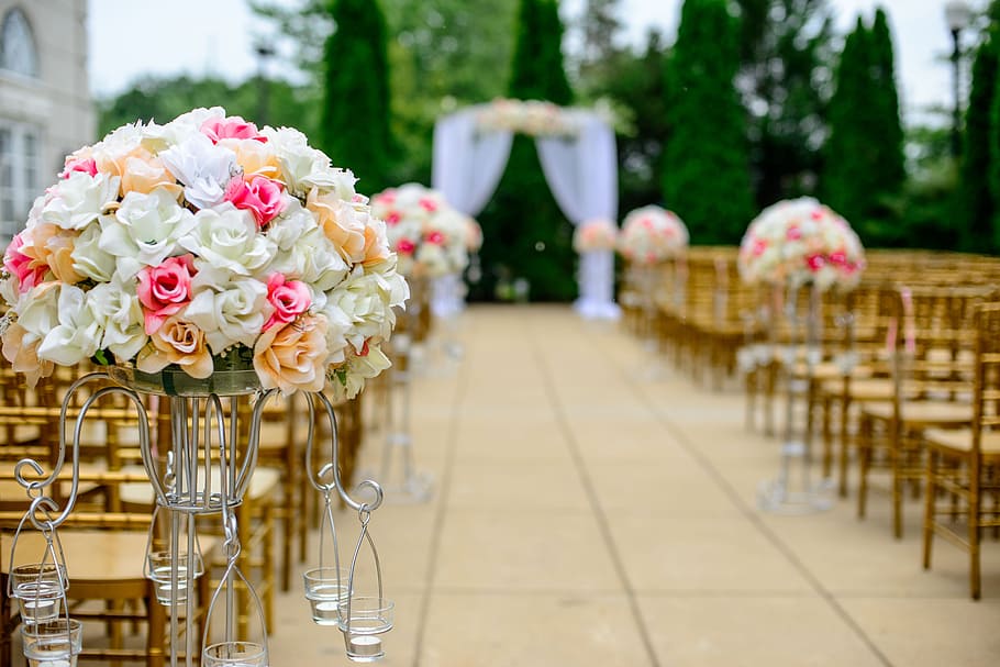 白, ピンク, 茶色, 花束, 花, 通路, お祝い, 椅子, 装飾, 植物