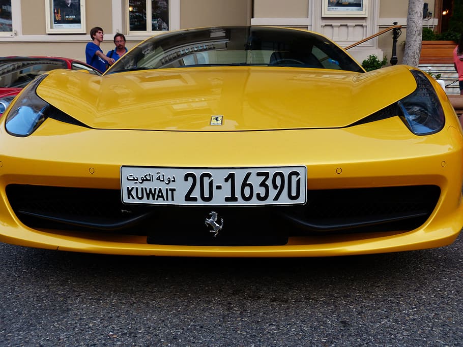 closeup, photography, yellow, ferrari 458 italia, ferrari, sports car, stylish, car number, license plate, kuwait