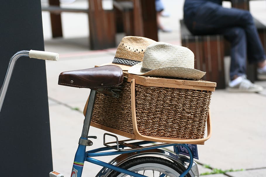 dos, tándem, rueda, naturaleza, dúo, bicicleta, sombrero, descanso, velo, canasta