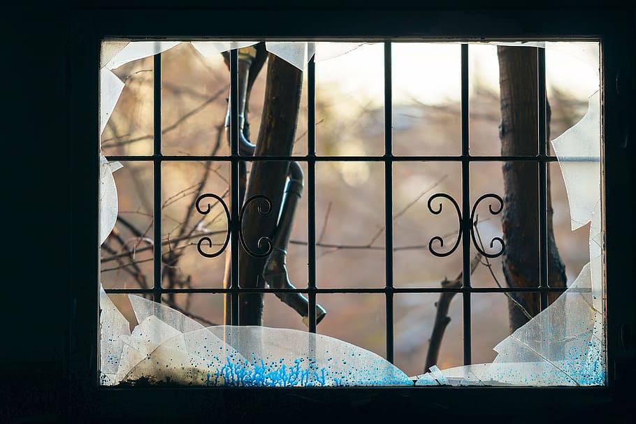 cristal de la ventana, negro, marco de acero, ventana, roto, vidrio, pared, sucio, textura, hierro