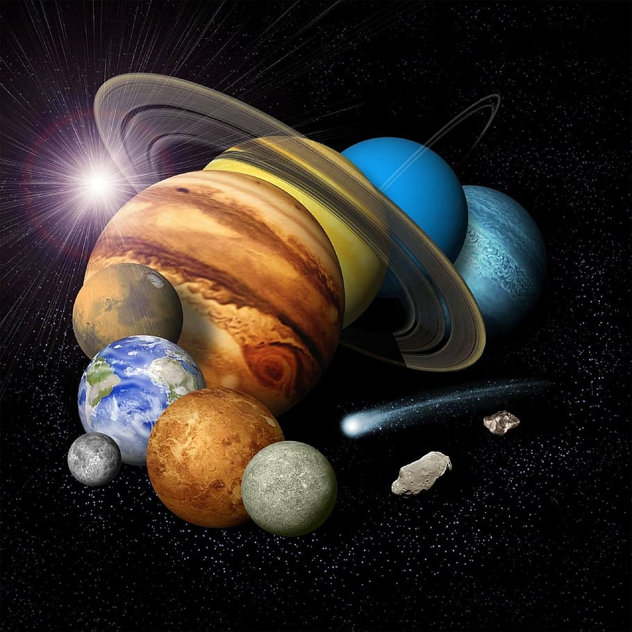 montaje, planetas, júpiter, tierra, saturno, neptuno, marte, mercurio, urano, venus