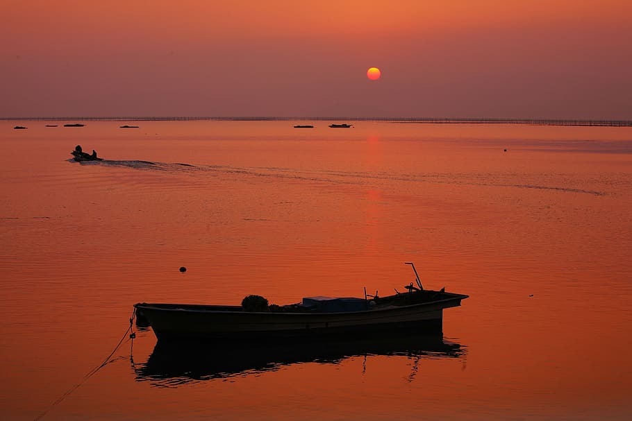 glow, fisherman, sea, sunset, orange, sk telecom, reflections, silhouette, boat, nautical vessel