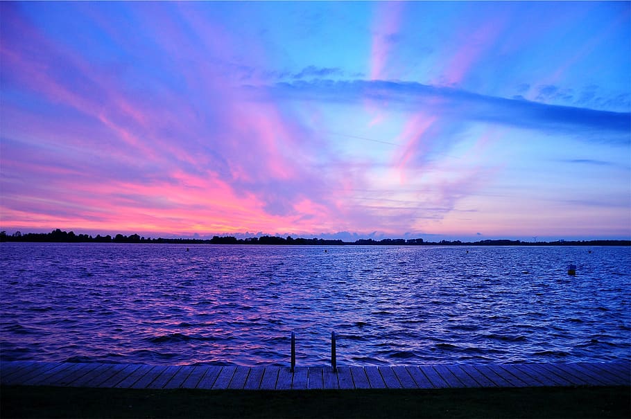 purple, sunset, dusk, sky, pink, lake, water, dock, clouds, beauty in nature