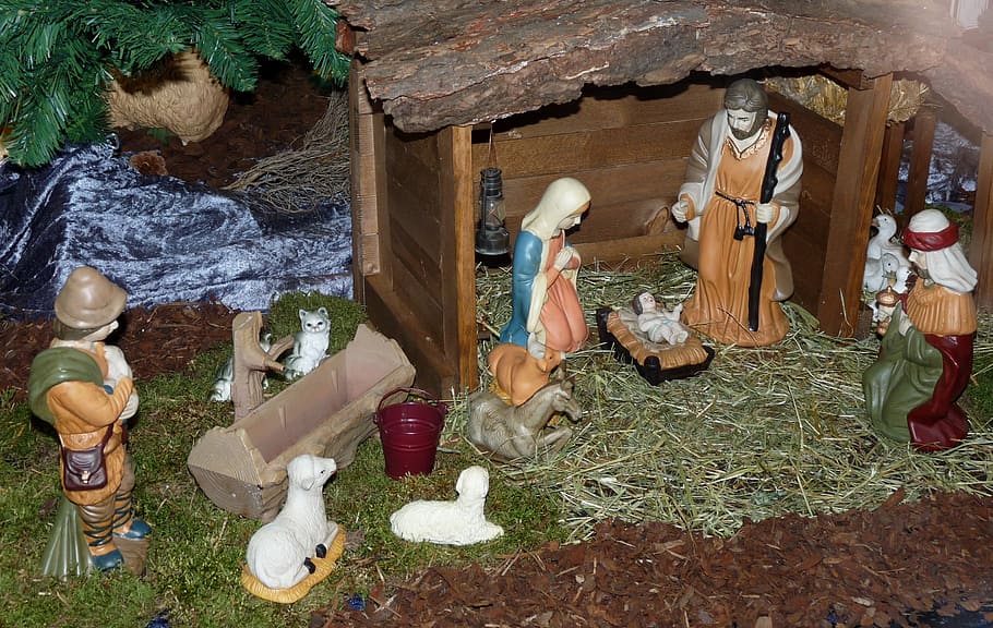 キリスト降誕の置物, セット, ベクターアート, キリスト降誕のシーン, ベビーベッド, ストール, ジョセフ, マリア, 出現, クリスマス