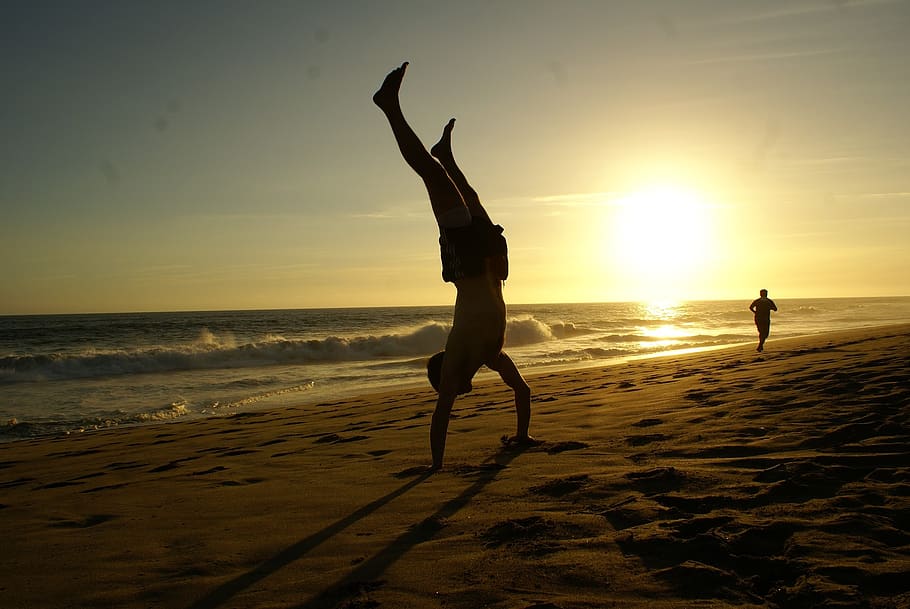 handstand, beach, water, sunset, sea, sport, man, land, sky, silhouette