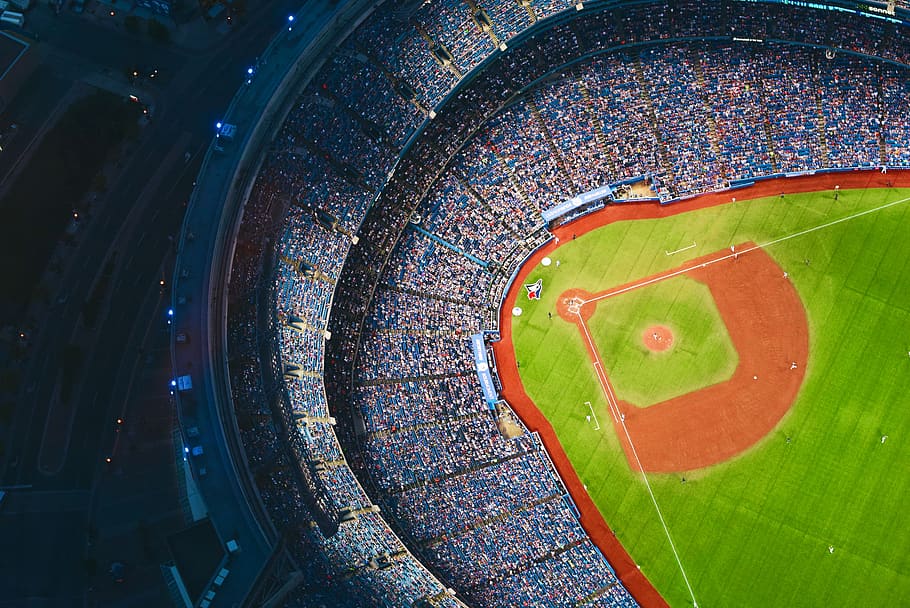 baseball, stadium, crowd, people, diamond, field, sports, team, athletes, aerial