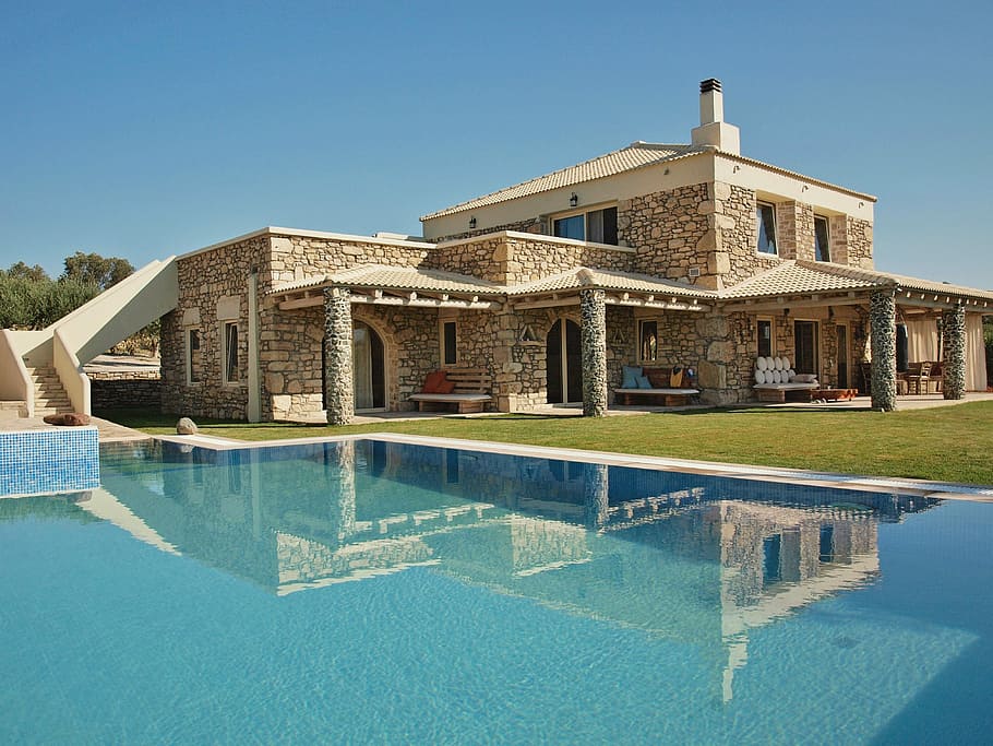 brown, concrete, house, swimming, pool, daytime, swimming pool, home, stone house, villa
