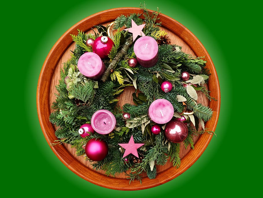 advent wreath, advent, christmas, candle, meditative, pink, holly, arrangement, christmas bauble, wax candle