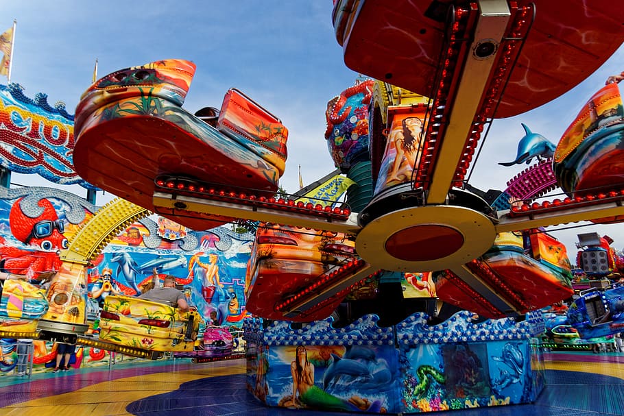 red, yellow, park, ride, daytime, fair, folk festival, rides, year market, colorful